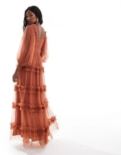 Lace & Beads Long Sleeve Ruffle Maxi Dress In Terracotta Rose For Women -Doll Wear Style 206722070 4