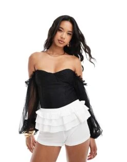 Lace & Beads Balloon Sleeve Ruched Bodysuit In Black For Women