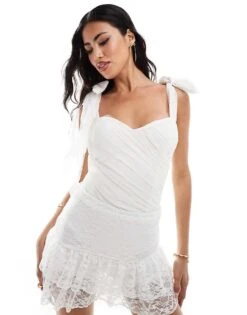 Lace & Beads Bow Shoulder Bodysuit In Ivory For Women -Doll Wear Style 206725216 3