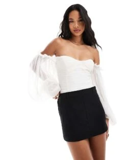 Lace & Beads Balloon Sleeve Ruched Bodysuit In Ivory For Women