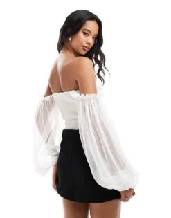 Lace & Beads Balloon Sleeve Ruched Bodysuit In Ivory For Women -Doll Wear Style 206725224 4