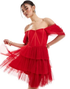 Lace & Beads Off Shoulder Corset Tulle Mini Dress In Red For Women -Doll Wear Style 206725256 1 red 1