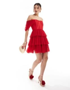 Lace & Beads Off Shoulder Corset Tulle Mini Dress In Red For Women -Doll Wear Style 206725256 3