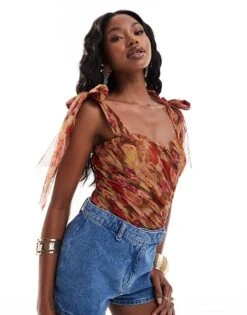 Lace & Beads Bow Shoulder Bodysuit In Rose Print For Women -Doll Wear Style 206725264 1 roseprint 1