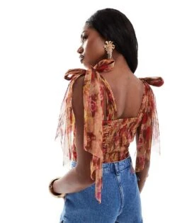 Lace & Beads Bow Shoulder Bodysuit In Rose Print For Women -Doll Wear Style 206725264 3