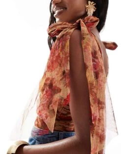 Lace & Beads Bow Shoulder Bodysuit In Rose Print For Women -Doll Wear Style 206725264 4