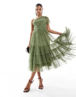 Lace & Beads Bridesmaid Madison One Shoulder Tulle Midi Dress In Soft Olive For Women -Doll Wear Style 206769273 1 softolive 1