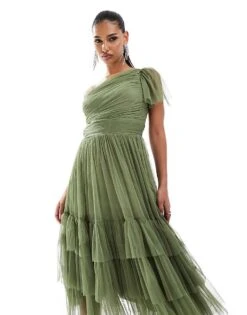 Lace & Beads Bridesmaid Madison One Shoulder Tulle Midi Dress In Soft Olive For Women -Doll Wear Style 206769273 3