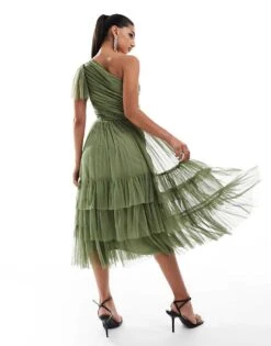 Lace & Beads Bridesmaid Madison One Shoulder Tulle Midi Dress In Soft Olive For Women -Doll Wear Style 206769273 4