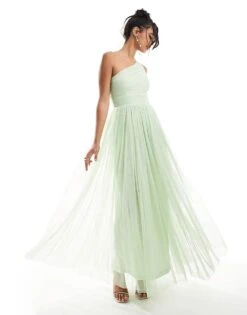 Lace & Beads Bridesmaid One Shoulder Tulle Maxi Dress In Sage For Women