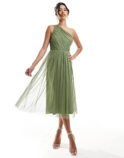 Lace & Beads Bridesmaid One Shoulder Tulle Midi Dress In Soft Olive For Women -Doll Wear Style 206769284 1 softolive 1