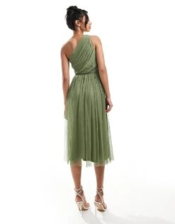 Lace & Beads Bridesmaid One Shoulder Tulle Midi Dress In Soft Olive For Women -Doll Wear Style 206769284 3