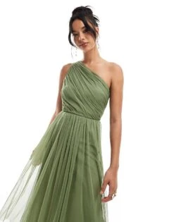 Lace & Beads Bridesmaid One Shoulder Tulle Midi Dress In Soft Olive For Women -Doll Wear Style 206769284 4