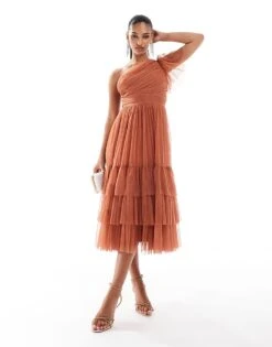 Lace & Beads Bridesmaid Madison One Shoulder Tulle Midi Dress In Terracotta Rose For Women -Doll Wear Style 206769291 1 terracottarose 1