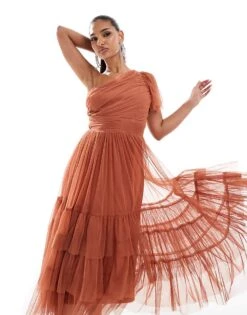 Lace & Beads Bridesmaid Madison One Shoulder Tulle Midi Dress In Terracotta Rose For Women -Doll Wear Style 206769291 2