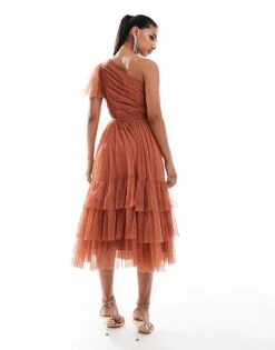Lace & Beads Bridesmaid Madison One Shoulder Tulle Midi Dress In Terracotta Rose For Women -Doll Wear Style 206769291 3