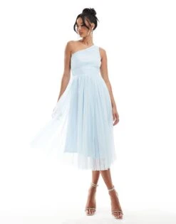 Lace & Beads Bridesmaid One Shoulder Tulle Midi Dress In Sky Blue For Women
