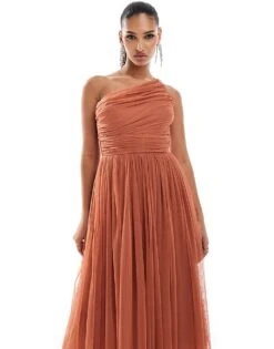 Lace & Beads Bridesmaid One Shoulder Tulle Midi Dress In Terracotta Rose For Women -Doll Wear Style 206769307 1 terracottarose 1