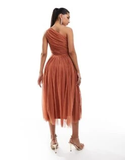 Lace & Beads Bridesmaid One Shoulder Tulle Midi Dress In Terracotta Rose For Women -Doll Wear Style 206769307 4