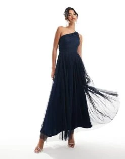 Lace & Beads Bridesmaid One Shoulder Tulle Maxi Dress In Navy For Women -Doll Wear Style 206769329 1 navy 1