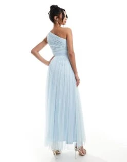 Lace & Beads Bridesmaid One Shoulder Tulle Maxi Dress In Sky Blue For Women -Doll Wear Style 206769330 3