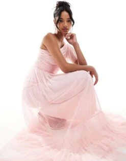 Lace & Beads Bridesmaid Madison One Shoulder Tulle Maxi Dress In Soft Pink For Women -Doll Wear Style 206769344 3
