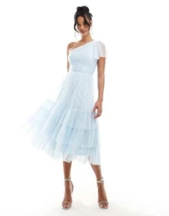 Lace & Beads Bridesmaid Madison One Shoulder Tulle Midi Dress In Sky Blue For Women