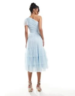 Lace & Beads Bridesmaid Madison One Shoulder Tulle Midi Dress In Sky Blue For Women -Doll Wear Style 206769346 3