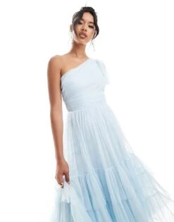 Lace & Beads Bridesmaid Madison One Shoulder Tulle Midi Dress In Sky Blue For Women -Doll Wear Style 206769346 4