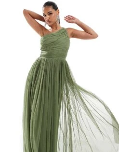 Lace & Beads Bridesmaid One Shoulder Tulle Maxi Dress In Soft Olive For Women