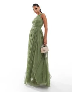 Lace & Beads Bridesmaid One Shoulder Tulle Maxi Dress In Soft Olive For Women -Doll Wear Style 206769361 3