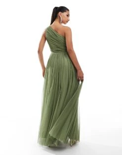 Lace & Beads Bridesmaid One Shoulder Tulle Maxi Dress In Soft Olive For Women -Doll Wear Style 206769361 4