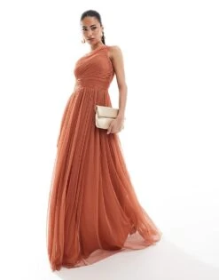 Lace & Beads Bridesmaid One Shoulder Tulle Maxi Dress In Terracotta Rose For Women -Doll Wear Style 206769377 1 terracottarose 1