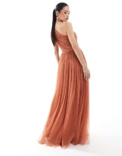 Lace & Beads Bridesmaid One Shoulder Tulle Maxi Dress In Terracotta Rose For Women -Doll Wear Style 206769377 4