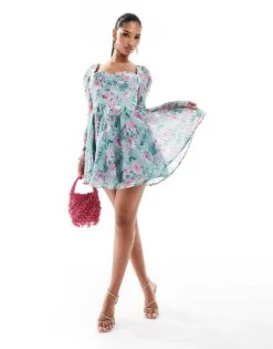 Lace & Beads Long Sleeve Corset Mini Dress In Green Floral For Women