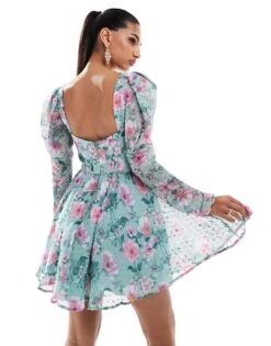Lace & Beads Long Sleeve Corset Mini Dress In Green Floral For Women -Doll Wear Style 206807327 3