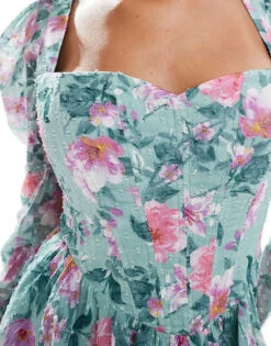 Lace & Beads Long Sleeve Corset Mini Dress In Green Floral For Women -Doll Wear Style 206807327 4