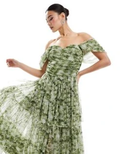 Lace & Beads Off Shoulder Tulle High Low Maxi Dress In Green Floral For Women