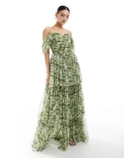 Lace & Beads Off Shoulder Tulle High Low Maxi Dress In Green Floral For Women -Doll Wear Style 206807328 3