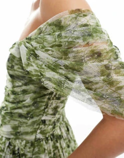 Lace & Beads Off Shoulder Tulle High Low Maxi Dress In Green Floral For Women -Doll Wear Style 206807328 4