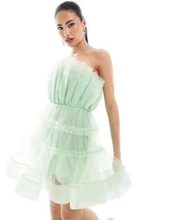 Lace & Beads Bandeau Tulle Mini Dress In Sage For Women -Doll Wear Style 206807329 2