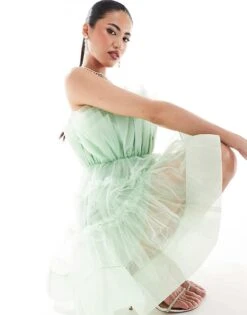 Lace & Beads Bandeau Tulle Mini Dress In Sage For Women -Doll Wear Style 206807329 4