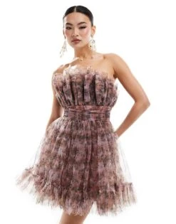 Lace & Beads Bandeau Tulle Mini Dress In Lilac Floral For Women Multi