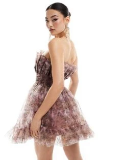 Lace & Beads Bandeau Tulle Mini Dress In Lilac Floral For Women Multi -Doll Wear Style 206807352 4