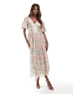 Lace & Beads Flutter Sleeve Midaxi Dress In Floral For Women Multi -Doll Wear Style 206807353 1 multi 1