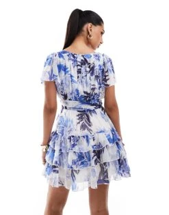 Lace & Beads Madison V Neck Tulle Mini Dress In Blue Floral For Women -Doll Wear Style 206807354 3
