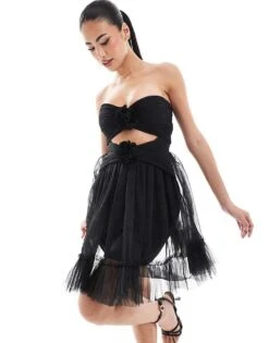 Lace & Beads Ruffle Rosette Mini Dress In Black For Women