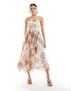 Lace & Beads Tulle Midi Dress In Cream Floral For Women Multi -Doll Wear Style 206807393 1 multi 1