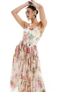 Lace & Beads Tulle Midi Dress In Cream Floral For Women Multi -Doll Wear Style 206807393 3