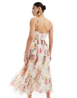 Lace & Beads Tulle Midi Dress In Cream Floral For Women Multi -Doll Wear Style 206807393 4